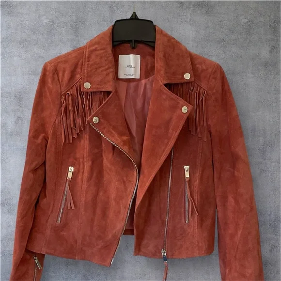 MNG Mango Leather biker fringed jacket with zipper detail, mauve color, Sz M - Picture 16 of 16